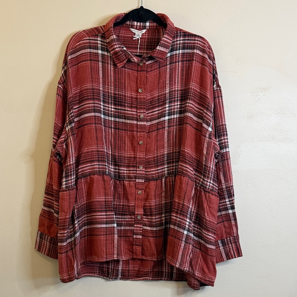 American Eagle Outfitters Red Plaid Babydoll Button-Down Shirt - Picture 3 of 6